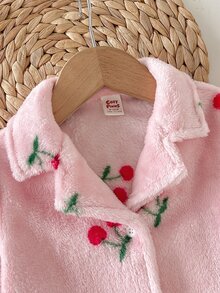 Cozy Pixies 女嬰針織櫻桃圖案人造毛領開襟衫與長褲2件套居家服，聖誕睡衣，秋季新款，秋冬穿著 - 粉色 - 查看 3