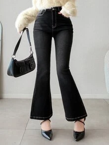 FRIFUL Women's Fashion Versatile Button Flare Jeans School Everyday Black And White Striped Fall Casual Streetwear - Grey - View 4