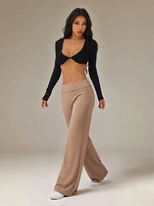 SHEIN PETITE 黑色高腰寬腿寬鬆休閒長褲 - 卡其色 - 查看 7