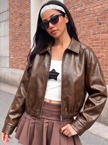 SHEIN جاكيت قصير من جلد PU مغسول باللون البني بطراز أمريكي عتيق جديد للخريف/الشتاء للفتيات المراهقات - بني - مشاهدة 7