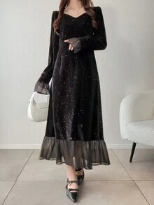 FRIFUL Women's Sweetheart Neckline Flare Sleeve Glitter Ruffle Hem Elegant Long Dress - Black - View 5