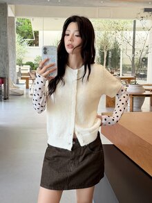 K-Vae Women's Solid Color Short Sleeve Single-Breasted Casual Knit Cardigan - Apricot - View 3