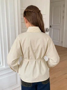 Hapijoa Girls' Stand Collar Long Sleeve Autumn Tie Waist Basic Jacket Shirt (Large) - Beige - View 4