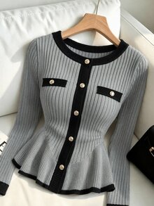Muvela Women's Contrast Trim Metal Button Single-Breasted Round Neck Long Sleeve Cardigan - Grey - View 3