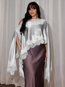 Rustia Plus Size Solid Color Elegant Minimalist One-Shoulder Sexy Asymmetrical Hem Lace Patchwork Loose Blouse For Women - Light Grey - View 9
