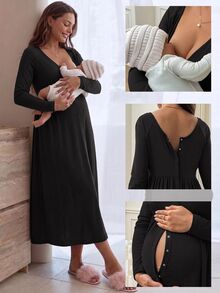 Slowluna Maternity Nursing Dress With Pleated Design, Minimalist Style For Pregnant And Postpartum Women - Black - View 1