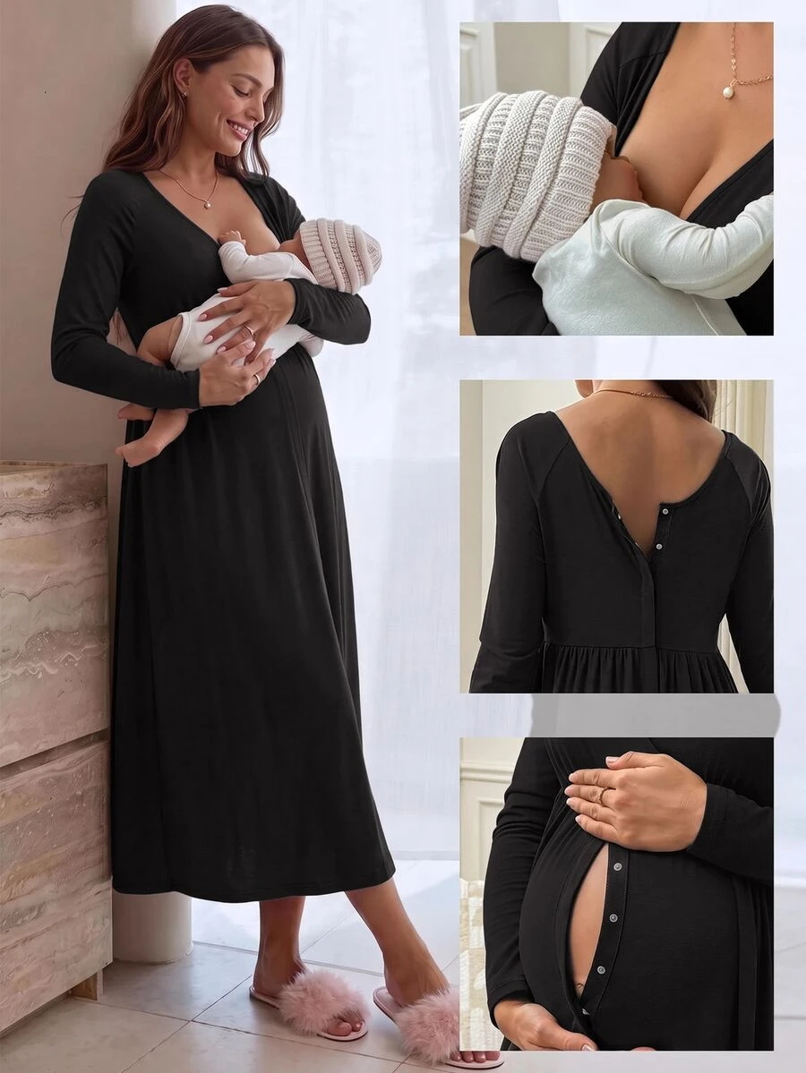 Slowluna Maternity Nursing Dress With Pleated Design, Minimalist Style For Pregnant And Postpartum Women - Black - View 1
