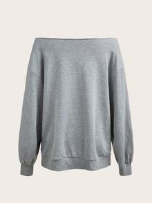 SHEIN EZwear 淺灰色龐克街頭印花女款露肩寬鬆休閒長袖衛衣 - 灰色 - 查看 4
