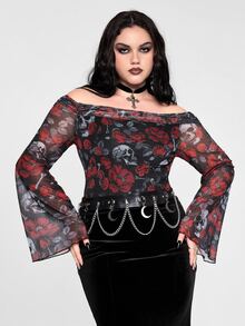ROMWE Plus Size Women's Off-Shoulder Cold Shoulder Gothic Rose Skull Print Sexy Top - Red and Black - View 1