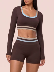 SHEIN BAE Women's Contrast Trim Long Sleeve Cropped Top & Shorts Fashion Sports Set - Coffee Brown - View 3
