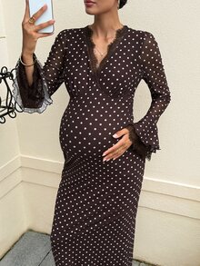 MaterniWear Maternity Spliced Lace V-Neck Polka Dot Print Flared Sleeve Fitted Elegant Dress - Brown - View 6