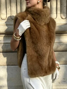 Pariaura New Winter Sleeveless Slimming Faux Fur Coat For Women - Brown - View 3