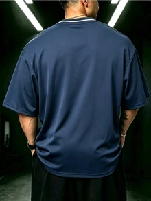 GymRaken American Vintage College Style Crown Letter Print V-Stripe Contrast Collar Loose Casual Campus Top, Gym - Navy Blue - View 2