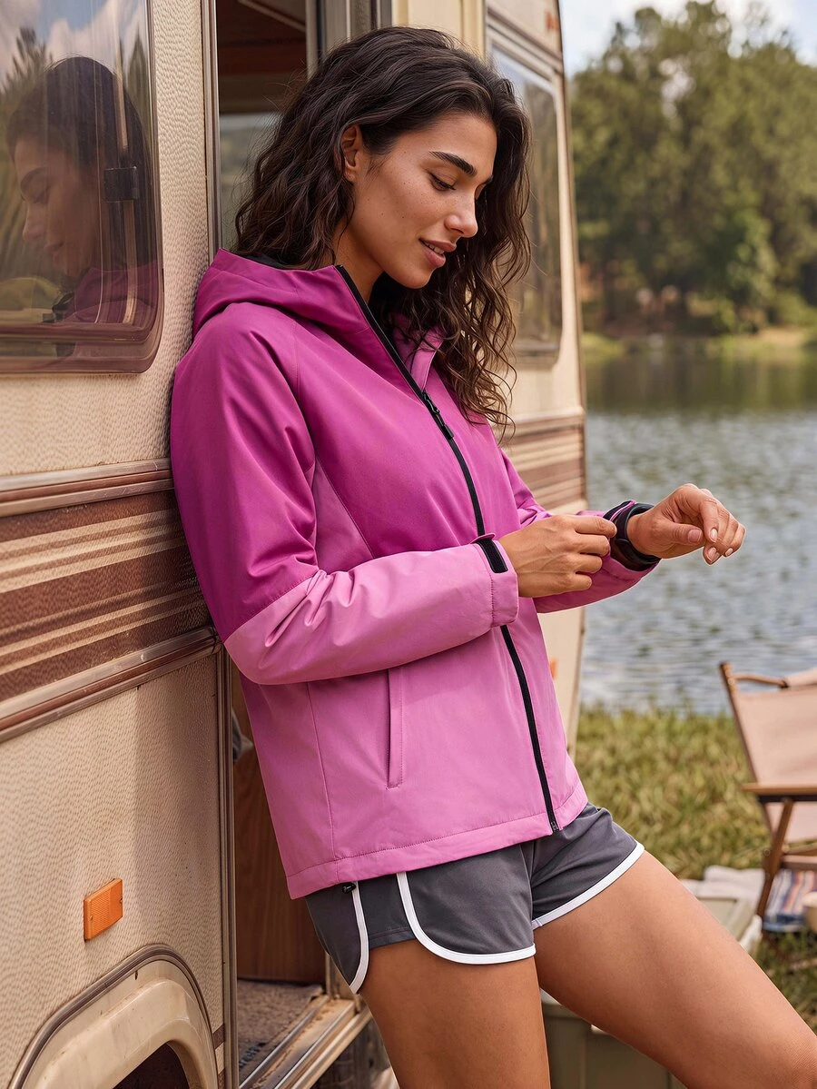 Exploreva Women's Colorblock Raglan Long Sleeve Zip-Up Hooded Outdoor Softshell Jacket - Purple - View 1