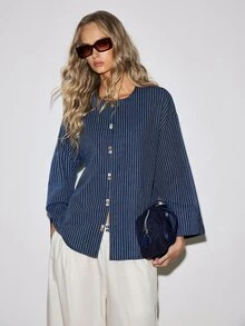 ATUI Studio Women 100% Cotton Blue And White Stripe Collarless Long Sleeve Shirt French Vintage Minimalist Modest Chic Vertical Fall Loose Slimming Drop Shoulder - Navy Blue - View 8