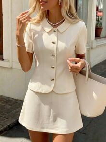 Cévolie Women's Spring/Autumn French Elegant Casual Solid Color Front Button Lapel Top + A-Line Mini Skirt 2 Pieces Set, Suitable For Office, Back To School, Daily Commute, Date And Shopping - Beige - View 1