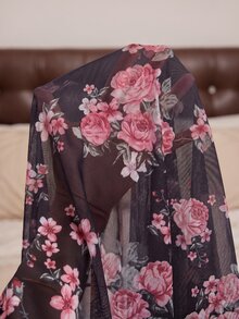 Slumberist 性感時尚女款網紗印花高開衩長款睡袍 - 黑色 - 查看 8