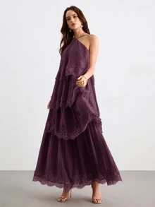 Willow Rêve Gaun Maxi Tencel Wanita dengan Tali Leher dan Hiasan Renda Bertingkat, Gaun Liburan Elegan - Purple - View 4