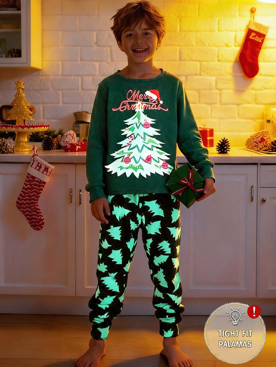 SHEIN Teen Boys Casual Comfortable Versatile Christmas Style Print Pattern Long Sleeve Top And Long Pants Set, Snug Fit Pajama Set - Multicolor - View 1