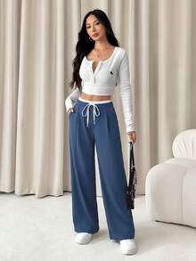 SHEIN PETITE 女款拼色休閒日常穿著長褲，女士春秋休閒抽繩口袋自然風 - 霧霾藍 - 查看 7