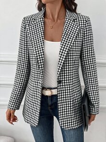 SHEIN Clasi 女款黑白格紋長袖修身時尚百搭西裝外套 - 黑與白 - 查看 5