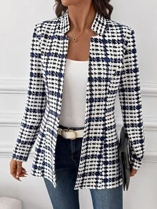 SHEIN Clasi 女款優雅格紋西裝外套，黑白棋盤格長袖夾克，秋季商務休閒辦公穿搭，經典千鳥格通勤外套 - 彩色 - 查看 1