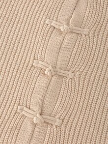 Balvessa Women's Solid Color Round Neck Frog Button Casual Daily Versatile Long Sleeve Knit Top - Apricot - View 4