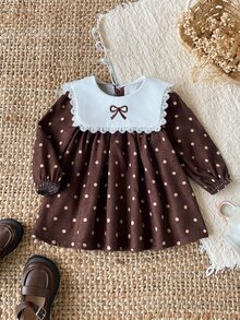 Souflis Souflis 幼女燈芯絨波點洋裝，蕾絲飾邊水手領蝴蝶結燈籠長袖A字秋季洋裝 - 棕色 - 查看 6