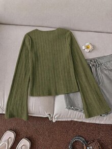 SHEIN LUNE 女款紋理百搭上衣 綠色/淺綠色，女款休閒純色V領喇叭袖前結襯衫，前綁帶上衣，休閒風格 - 軍綠色 - 查看 2