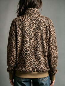 SHEIN American Vintage Leopard Print Half-Zip Stand Collar Sweatshirt, Loose Drop Shoulder Long Sleeve Kangaroo Pocket Ribbed Hem - Multicolor - View 3