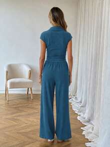 SHEIN LUNE 休閒女款 Polo 領短袖上衣與長褲 2 件套裝 - 青碧色 - 查看 2