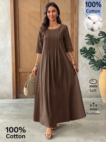 EMERY ROSE Women's Round Neck Mid-Sleeve Pleated Long Dress Coffee Brown Fall Casual - Brown - View 3