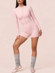 SHEIN BAE Women's Solid Color Hollow Back Design Long Sleeve Sports Romper - Baby Pink - View 4
