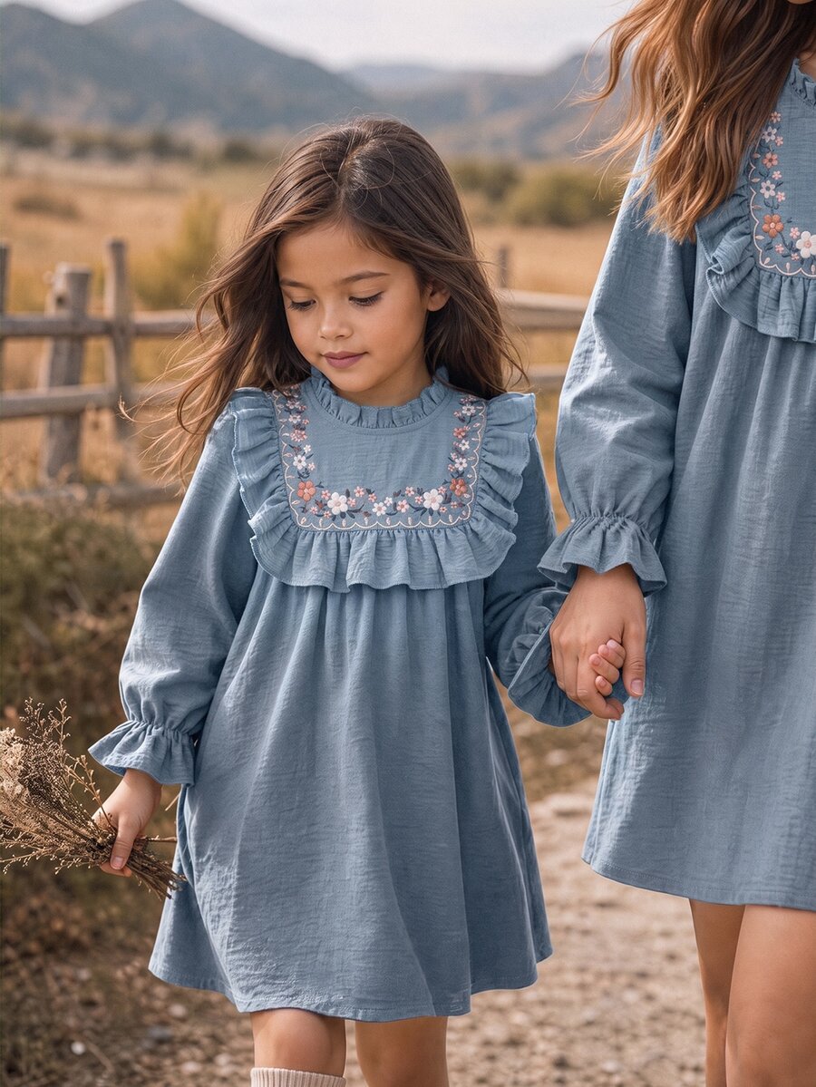 Emery Rose Kids Emery Rose Kids Young Girl Young Girl Woven Solid Color Floral Pattern Ruffle Hem Casual Dress - Dusty Blue - View 1