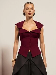 Hauture Women's Sexy Casual Office Solid Color Corset Bustier Collared Sleeveless Top - Burgundy - View 2