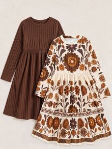Girls Fall Winter Rib Knit Solid & Vintage Floral Long Sleeve Dress 2pcs Pack - Brown - View 6