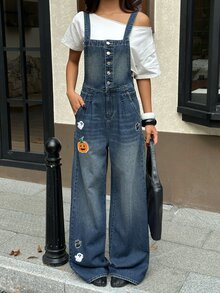 Rivivi Women's Casual Daily Denim Overalls With Pumpkin Pattern And Pockets - Dark Wash - View 5