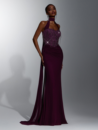 Elitara Elegant Minimalist Fashion Purple Sequin Tassel Mesh Patchwork Halter Neck Backless Pleated Decor Back Flap A-Line Long Formal Evening Gown For Women