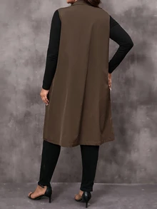 EMERY ROSE Plus Size Coffee Brown Belted Button Pocket Notched Lapel Sleeveless Jacket Casual Outerwear Fall Winter 2026 - Coffee Brown - View 2