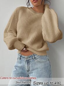 SHEIN BASICS 大尺碼女款素色休閒日常針織上衣 - 卡其色 - 查看 4