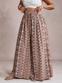 Freevana 女款大尺碼寬腿長褲，附口袋，優雅休閒街頭風度假風，春夏女裝大尺碼長褲 - 彩色 - 查看 4