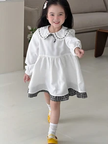 DAZY Tween Girl) Plaid Decor Patchwork Bowknot Long Sleeve Puff Sleeve Cute Sweet Dress - White - View 8