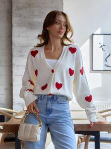 SHEIN Petite Size Heart Print Detailed With Front Button Casual Long Sleeve Cardigan - White - View 1