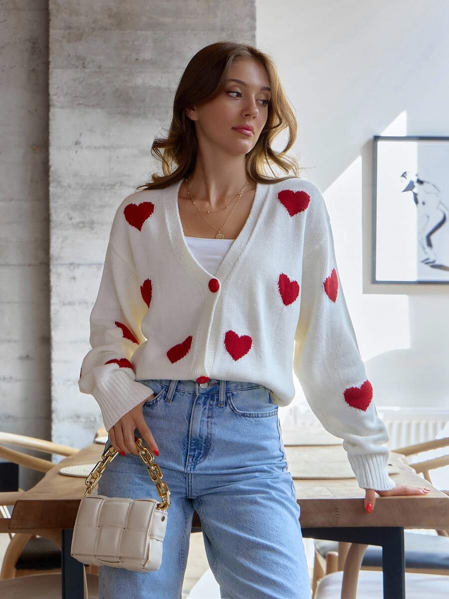 SHEIN Petite Size Heart Print Detailed With Front Button Casual Long Sleeve Cardigan - White - View 1