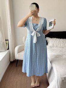 Napfluff CURVE Napfluff CURVE Contrast Trim Front Tie Neck Jacquard Short Sleeve Loose Plus Size Women's Nightgown - Blue - View 5