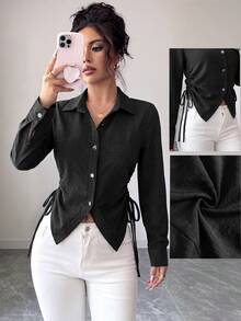 SHEIN Elenzya 女款素色長袖單排扣側腰抽繩休閒襯衫 - 黑色 - 查看 1