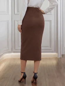 EMERY ROSE تنورة نسائية بلون موحد ضيقة كاجوال أنيقة عصرية متعددة الاستخدامات للعمل والمكتب بلون بني قهوة شتوية - بني - مشاهدة 2