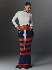 NYA SZN Knit Skirt Maxi Stripe Tie Front Athletic Holiday Festival Special Occasion Everyday Casual Work Concert Going Out Club Cozy Party Blue Fall Winter - Multicolor - View 3