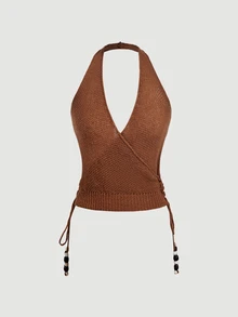 SHEIN MOD Women's 1pc Knit Solid Deep V Neck Halter Backless Lace Up Beaded Drawstring Cropped Brown Coquette Sweet Boho Tank Top For Christmas Party Fall - Brown - View 1
