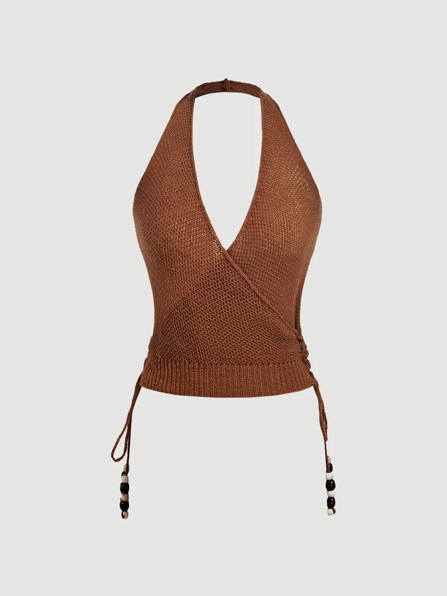 SHEIN MOD Women's 1pc Knit Solid Deep V Neck Halter Backless Lace Up Beaded Drawstring Cropped Brown Coquette Sweet Boho Tank Top For Christmas Party Fall - Brown - View 1